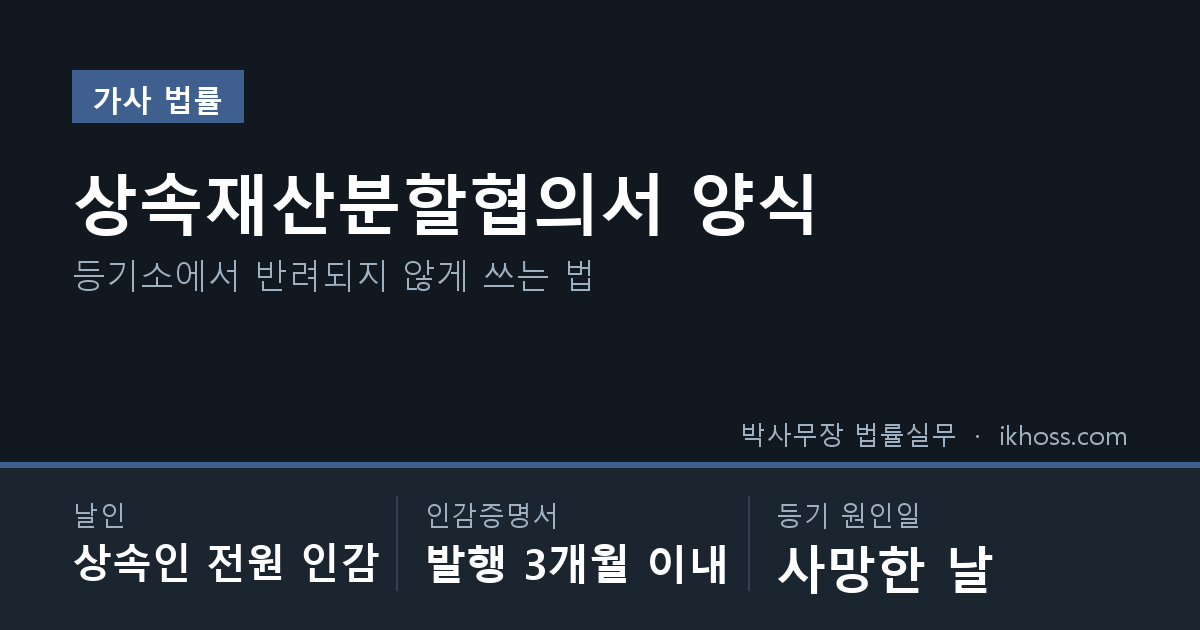 상속재산분할협의서 양식 — 상속인 전원 인감 날인, 인감증명서 3개월 이내, 등기 원인일은 사망한 날