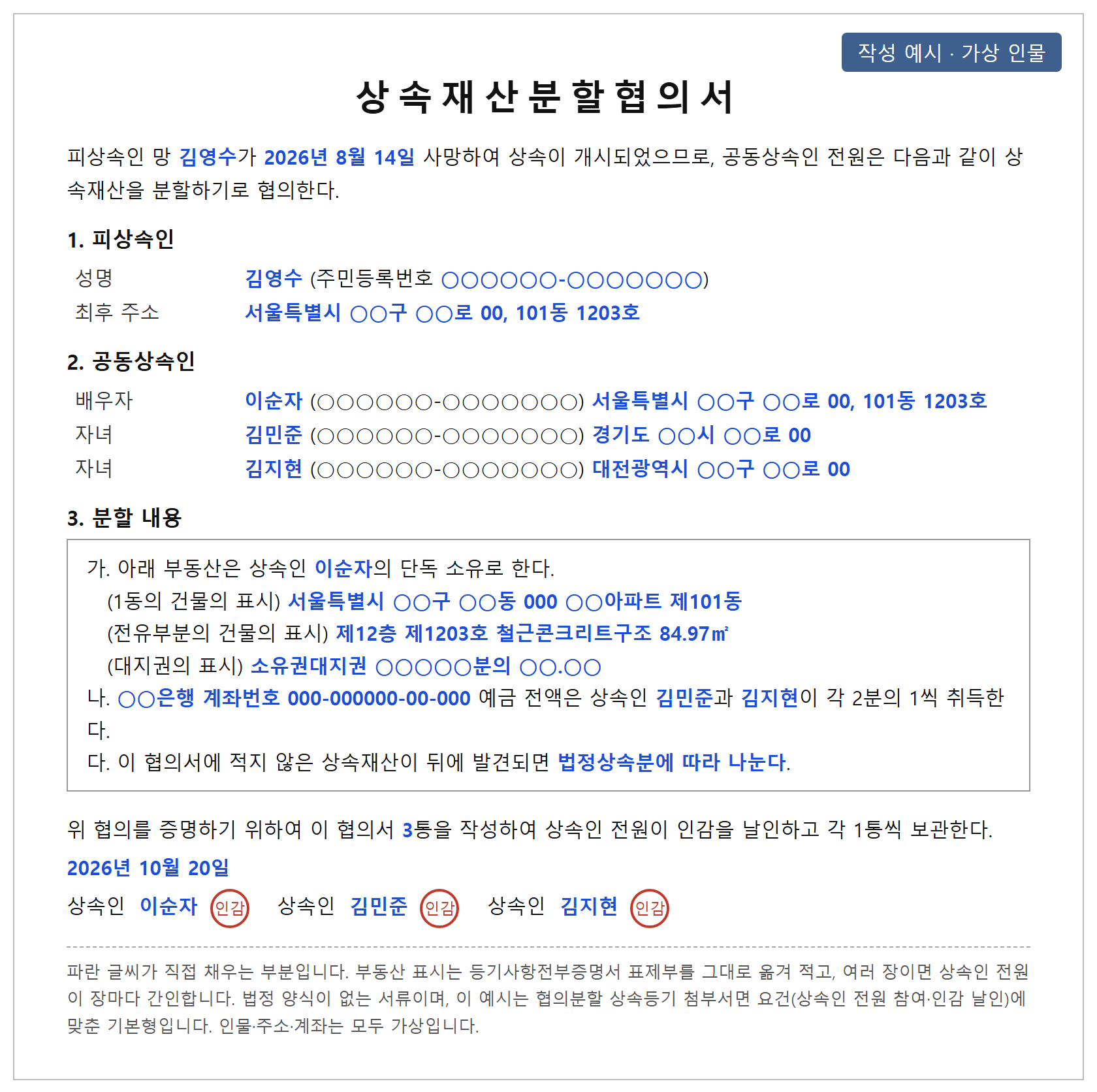 상속재산분할협의서 작성 예시 — 배우자가 아파트를 단독 상속하고 자녀 2명이 예금을 나누는 가상 사례