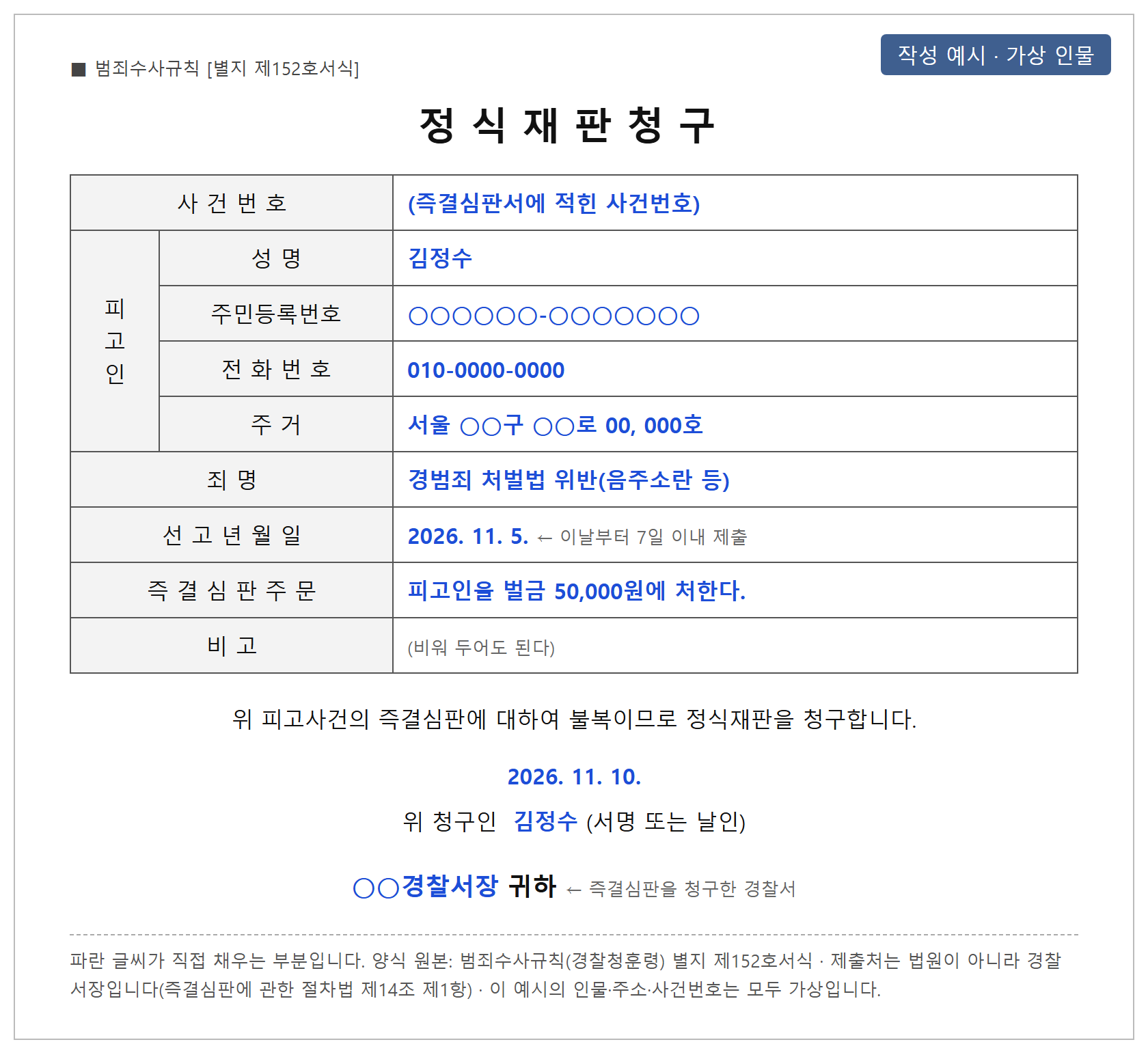 즉결심판 정식재판청구서(범죄수사규칙 별지 제152호서식) 작성 예시 — 사건번호·피고인·죄명·선고일·주문 기재 방법